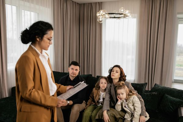 Realtor discusses documents with family sitting on sofa in modern living room.